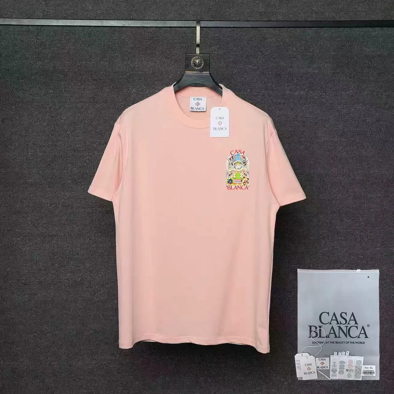 26ss CASABLANCA original printing process short-sleeved T-shirt original development using high-density double yarn pure cotton fabric upper body soft and comfortable color Black White Dark Green color Orange Pink Blue Royal Blue color cigarette powder 8 colors Sizes S M L XL